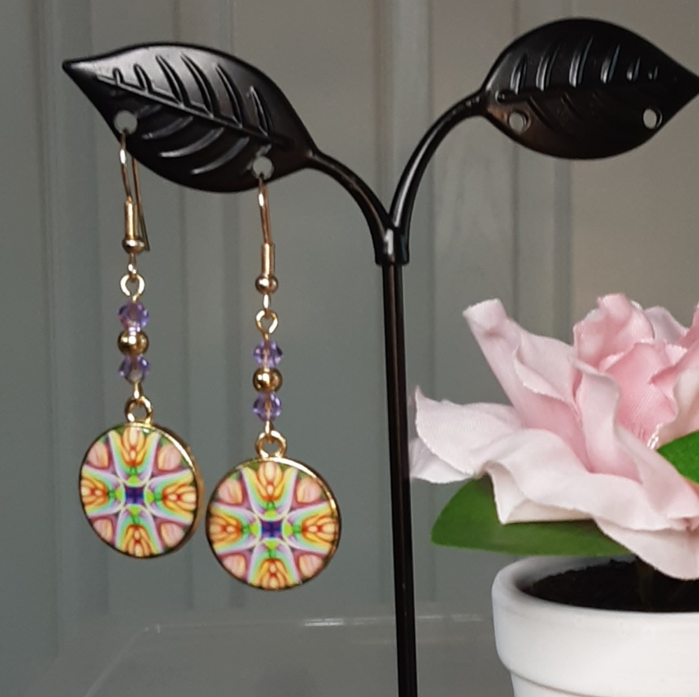 Handmade Mandala  Earrings Purple Green